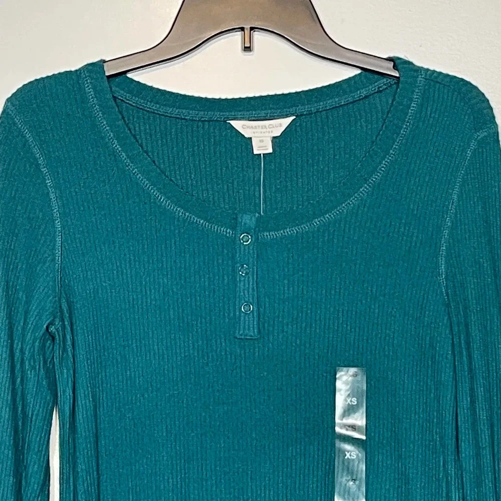 CHARTER CLUB Ribbed Henley Pajama Top teal evergreen, XS - Picture 3 of 12